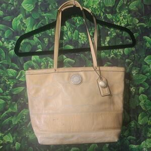 Vintage Coach Patent Leather Signature Tote Shoulder Y2K Bag Cream Yellow Large